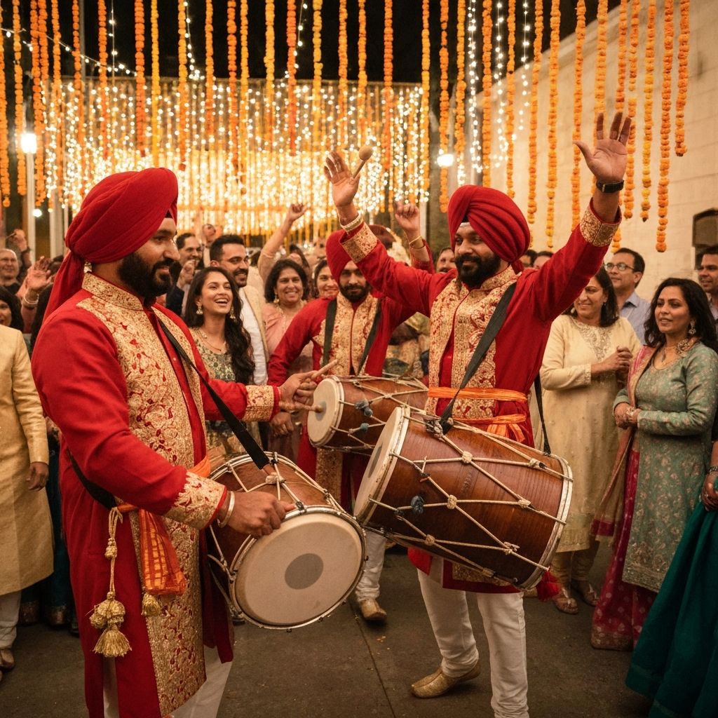 Dhol Blasters performers in colorful wedding uniforms