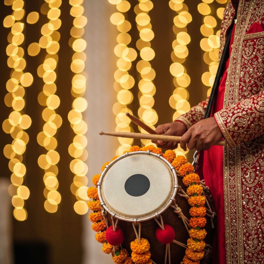 Dhol player performing at a wedding